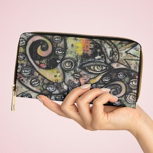 Cartera con cremallera de pulpo, medios mixtos intuitivos, ojos de criatura marina abstracta, obras de arte, arte outsider, divertido, lindo, inusual, bolsa de accesorios para mujeres y niñas