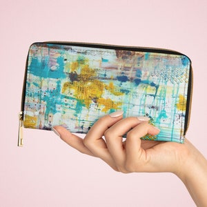 Cartera con cremallera de arte abstracto Obra de arte original en cuero sintético libre de crueldad - Diseñador de artistas Divertidos accesorios coloridos y felices para niñas y mujeres
