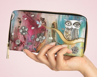 Bohemian Owl Wallet Zipper Abstract Bird Owls Artwork Whimsical Fantasy Art Pretty Cute Fun Boho Original Women's Girls Accessories