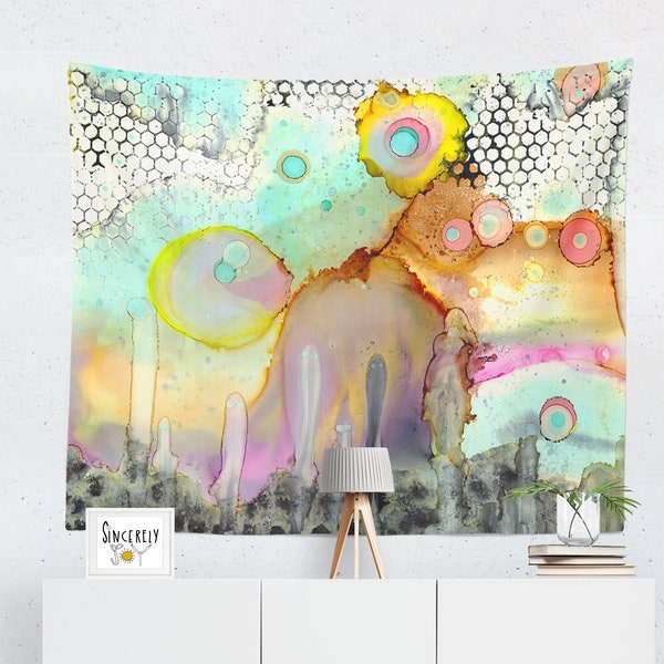 Large Indoor Outdoor Art Tapestries Colorful Patio Decor Abstract Watercolor Mixed Media Artist Wall Art Hangings Fun Outside Design ideas