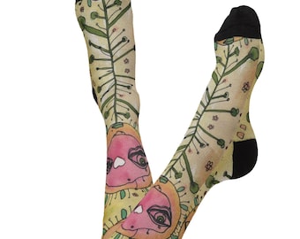 Floral Face Pattern Art Socks | Long Crew Socks, Flower Creature Plant Design