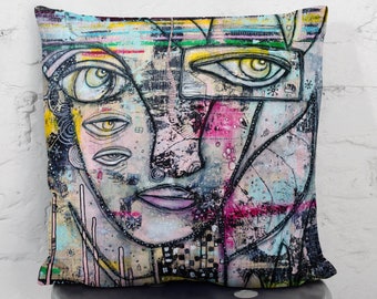 Colorful Unique Original Art Pillow with Rainbow Face Abstract Painting on Pillow Case Cover Fun Cushion for Bedroom Couch Dorm Room Decor
