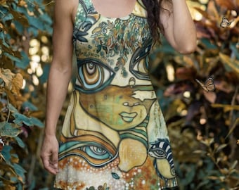 Mini Boho Racerback Dress Unique Bohemian Fashion Big Eyes Face abstract Art Women's Dresses Clothing Goth Bizarre Weird Ladies Accessories