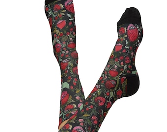 Strawberry Pattern Socks | Fruit Print Crew Socks, Red and Black Strawberry Design