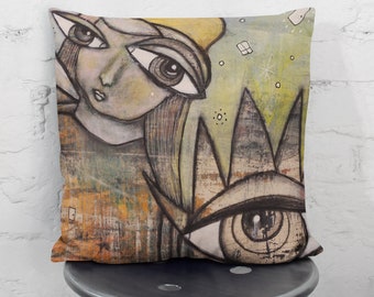 Unique Artist Throw Pillow Angelic Face Artwork Portrait Pillow Unique Angel Mixed Media Abstract Decor for Dorm Bedroom Living Room Pillows