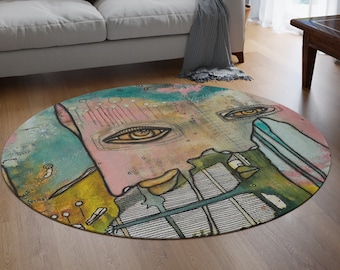 Whimsical Round Rug Trippy Dreamy Artwork Abstract Face Eyes Carpet Unique Eclectic Maximalist Area Rug forFun  Bedroom Nursery Kids Room