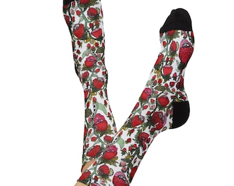 Strawberry Pattern Socks | Fruit Print Crew Socks, Red Strawberry Design