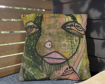 Outdoor Pillow, Abstract Face Art, Surreal Portrait Accent Patio Cushion in Square or Lumbar | Green Pink Original Artwork
