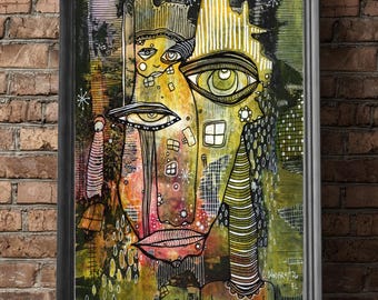 Kunstprint "Verstopt in het mos" Download 2 formaten Donkere gemengde technieken Bijzonder pareidolie schilderij Printbaar kunstwerk voor aan de muur C.Cambrea