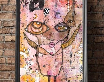Kunstprint Engel "Have a Heart" Download | Leuk, eigenzinnig feeënwezen met vleugels, pareidolie schilderij, printbare muurdecoratie, kunstwerk van C.Cambrea