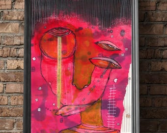 Collage kunstprint "Voordat je verdergaat" downloaden | Gemengde technieken Magenta Maximalistisch Gedurfd Gezicht Schilderij Muurdecoratie Kunstwerk van C.Cambrea