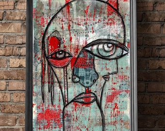 Kunstprint "Haar Close-up" Download 2 maten Rood Blauw Gemengde Technieken Leuk Eigenzinnig Vreemd Pareidolie Schilderij Printbaar Muurdecoratie Kunstwerk C.Cambrea