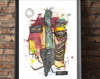 Kunstprint "Wijsheid" downloaden | Muurdecoratie met gemengde technieken | Leuke, gedurfde pareidolie met verborgen gezichten, printbaar kunstwerk om aan de muur te hangen, gemaakt door C.Cambrea