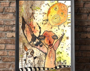 Mixed Media Wall Art Download "Sun Shining on Us" | Neutral Palette | Angel Watercolor Painting Artwork Print | Printable Wall Hanging