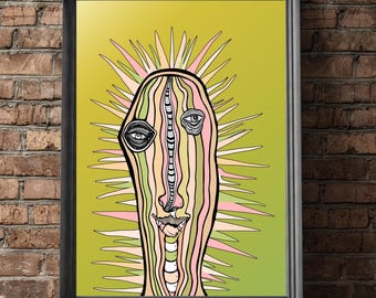 Abstracte cactus kunstprint downloaden | Natuurplant kunstwerk, leuke, eigenzinnige cactus met grappig gezicht, wanddecoratie in groen en roze