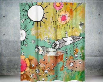 Colorful Boho Shower Curtain Hippy Flowers Green Designer Art Feathers Flowers Floral Print Painted Boho Bohemian Bathroom Home Decor Art