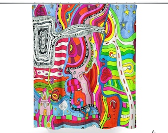 Puede incluir: Una cortina de ducha colorida con un diseño abstracto. La obra de arte presenta una mezcla de colores vibrantes, incluyendo rojo, azul, verde y amarillo, con contornos negros. El diseño incluye formas, líneas y una pequeña casa. Las palabras "Sincerely Joy" están en la esquina inferior derecha.