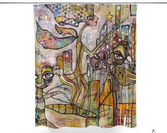 Whimsical Abstract City Art Shower Curtain - Mixed Media Artwork Bathroom Decor Accessories Artist Created Curtains Unique Bath Design Ideas