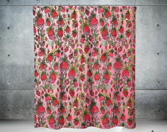 Cortina de ducha colorida con arte de Strawberry Shortcake, cortinas de ducha con arte de fresas, arte de frutas original pintado por un artista, decoración de baño infantil