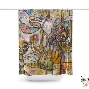 Whimsical Abstract City Art Shower Curtain - Mixed Media Artwork Bathroom Decor Accessories Artist Created Curtains Unique Bath Design Ideas