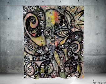 OCTOPUS Queen Artwork on Shower Curtain Fun Unique Eyes Bathroom Accessories Sea Creature Painting on Curtains for Eclectic Artsy Bathrooms