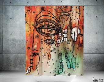 Unique Abstract Neutral Mixed Media Painting Shower Curtain Colorful Contemporary Artwork Artist Bathroom Art Curtains Painted Bath Artwork