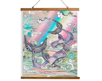 WHALES Wall Art Hanging Tapestry Whimsical Ocean Artwork Colorful Bedroom Nursery Decor Watercolor Painting Tapestries Fun Kids Gift Ideas