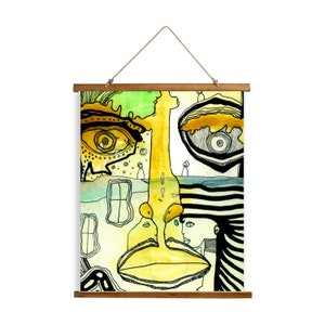 May include: Abstract watercolour painting of a face with a yellow, green and blue colour scheme. The face is made up of geometric shapes and lines. The painting is framed with a wooden frame.