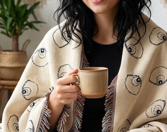 Woven Blanket Beige with Abstract Eye Pattern for Boho Living Room Sofa, Couch Throws, Bed Covers. Soft snuggles