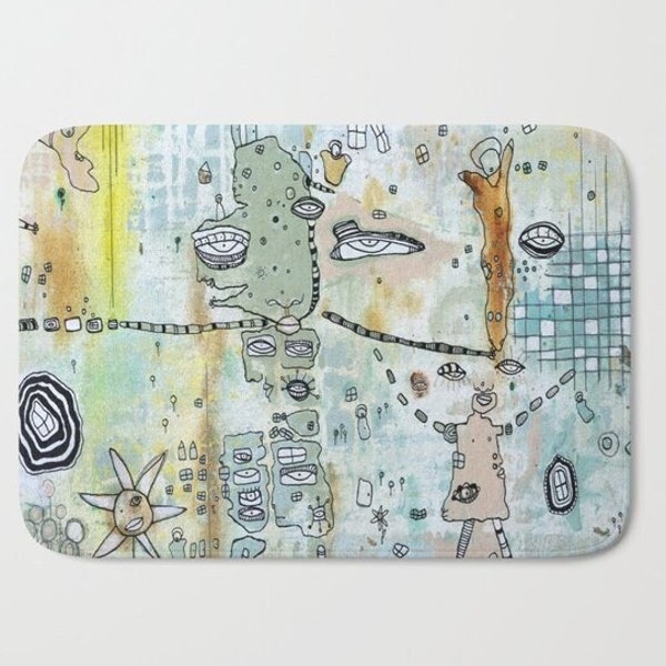 Fun Whimsical Bath Kitchen Mat Artist Painted Designer Bath Decor Microfiber Art Rugs with Faces and Creatures Unique Artist Designed Decor