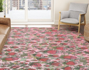 Colorful Strawberries Accent Area Throw Rug Designer Watercolor Artist Rugs Pink Strawberry Shortcake Artwork Unique Fun Home Decor Designs