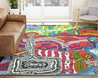 Area Rug Psychedelic Trippy Carpets Colorful Fun Eclectic Outsider Art Abstract Throw Rug Unique Maximalist Funky Fun Weird Floor Dorm Decor