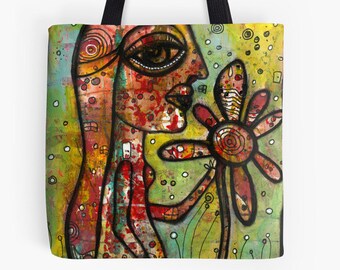 Unique Artist BOHO Style Beach bag Gym Art Tote Bag Original painting by Surreal mixed media artist CCambrea Bohemian Design Art Accessories