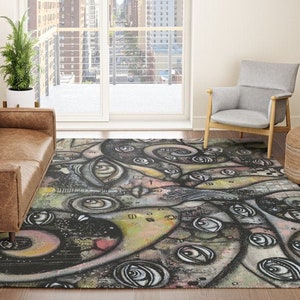 OCTOPUS Area Rug Fun Sea Creature Carpet Beach House Rugs Fun Artist Designed Decor Black Throw Rugs with Eyes for Living Room Bedroom Decor