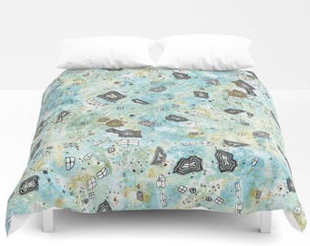 Beautiful Blue Green Bedding with Original Watercolor Artwork of Windows and Doors Fun Unique Artist Designs for Bedding Contemporary Boho