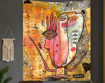 Abstract Tapestry "Hugs Needed" Original Art Brut Wall Hanging, Quirky Colorful Painting