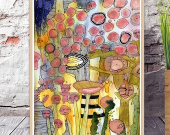 Lámina de arte abstracto floral original para descargar, hojas de collage para álbum de recortes, técnica mixta imprimible, descargas intuitivas, arte contemporáneo, pintura.