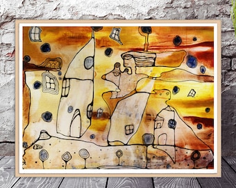 Könnte beinhalten: Abstrakte Aquarellmalerei einer skurrilen Stadt mit Häusern, Bäumen und einem Sonnenuntergangshimmel. Das Gemälde ist in einem hellen Holzrahmen gerahmt.