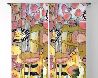 May include: Abstract watercolor painting featuring a colorful, psychedelic pattern of eyes, mushrooms, and geometric shapes in shades of pink, yellow, green, and brown.
