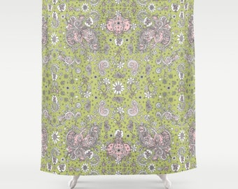 Colorful Designer Shower Curtain Green Pink Floral Bohemian Shower Curtain Shabby Chic Colorful Boho Hippy Bathroom Decor Shower Curtains