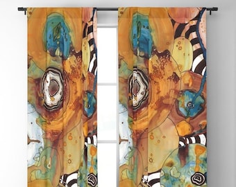May include: A pair of abstract art curtains with a colorful design featuring orange, yellow, blue, brown, and white. The curtains have a watercolor-like effect and feature a variety of shapes and patterns.