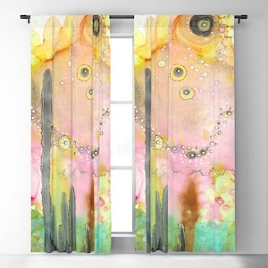 May include: Abstract watercolor painting with pink, yellow, green, and brown colors. The painting features a series of circles and dots, creating a whimsical and organic design.