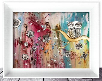 Owl Art Print Download Original Boho Artwork Colorful Wall Art Prints Downloads Scrapbooking Paper Collage Sheets Owls Painting Art Prints