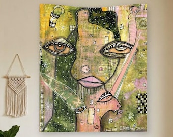 Green Collage Tapestry "Got my Tools" Original Intuitive Art Brut Wall Hanging Artwork Pareidolia Painting Hidden Faces Maximalist Designer