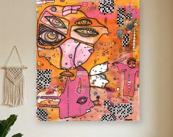 Colorful Tapestry Art "Sybil" Hidden Quirky Faces Pareidolia Artwork Large Indoor or Outdoor Wall Hanging Art Brut Artist Tapestries