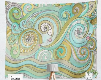 Abstract Ocean Art Tapestry Beach Theme Artwork Large Colorful Shabby Chic Wall Art Tapestries Watercolor Art Artist Tapestry Artwork faces