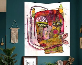 Abstract Tapestry "Clownin ArounD" Original Art Brut Wall Hanging, Quirky Colorful Painting