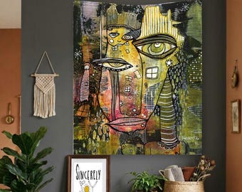 Tapestry Abstract "Just Hanging" Original Art Brut Wall Hanging Artwork Quirky Dark Painting Large Face | Maximalist Designer