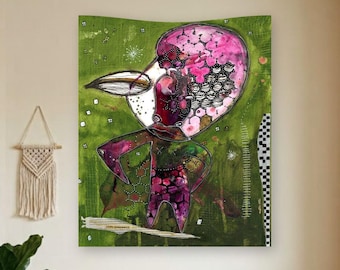 Uniek wandtapijt, veel ogen, abstracte, intuïtieve kunst, groot wandkleed, ongewone decoratie, geschilderd door een ontwerper, funky, eclectisch, outsider, huisdecoratie