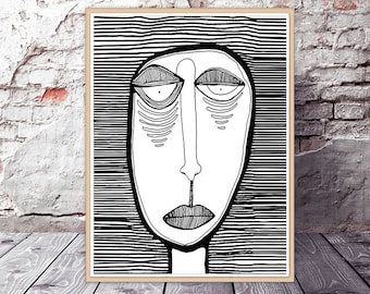 Impresión artística de rostro abstracto grande, ilustración en tinta, retrato, descarga de impresiones artísticas en blanco y negro imprimibles, para colgar en la pared, impresiones artísticas únicas.
